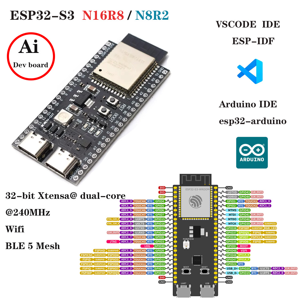 Esp32 S3 Development Board Lot - Papan Pengembangan ESP32-S3 dengan Kit Adaptor